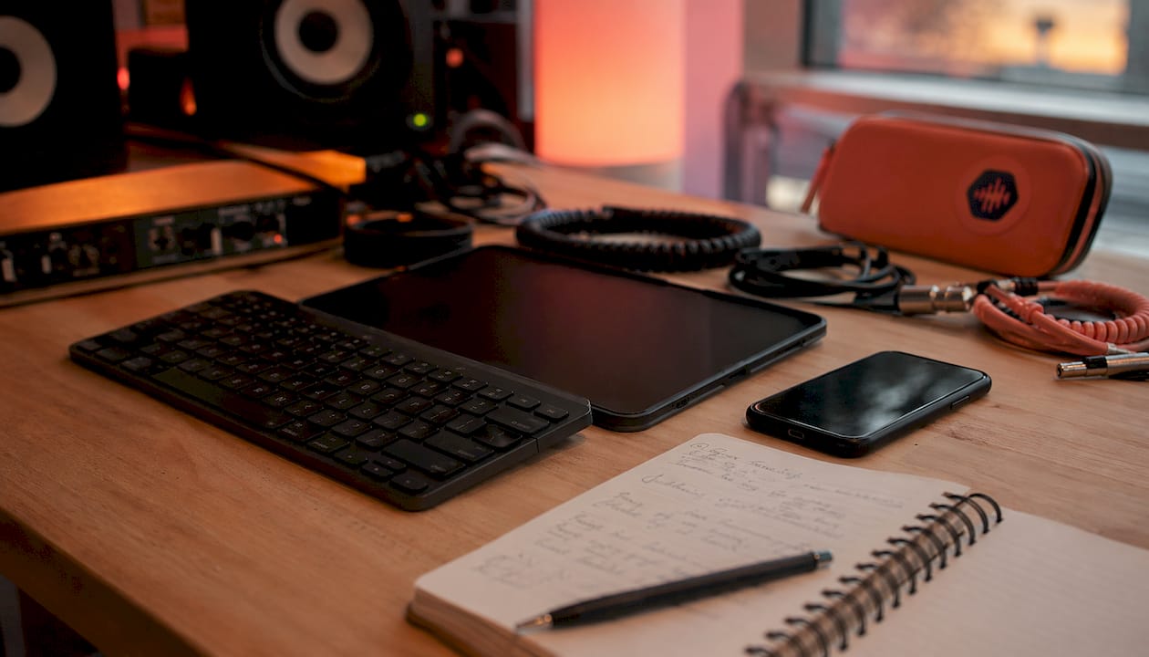 Flat lay of home studio audio gear and revision notes