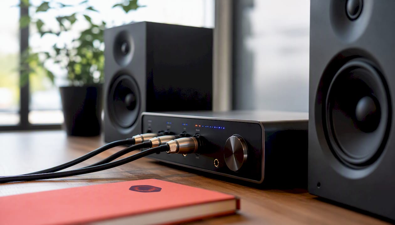 Close-up of hi-res studio audio hardware connections