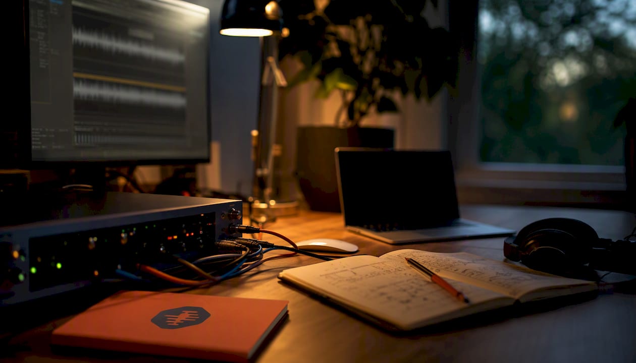 Overhead view of audio workstation with waveforms and interface