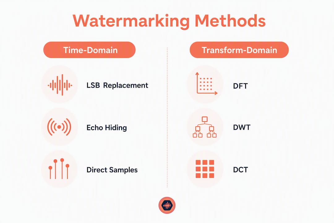 Infographic comparing time-domain and transform-domain watermarking methods