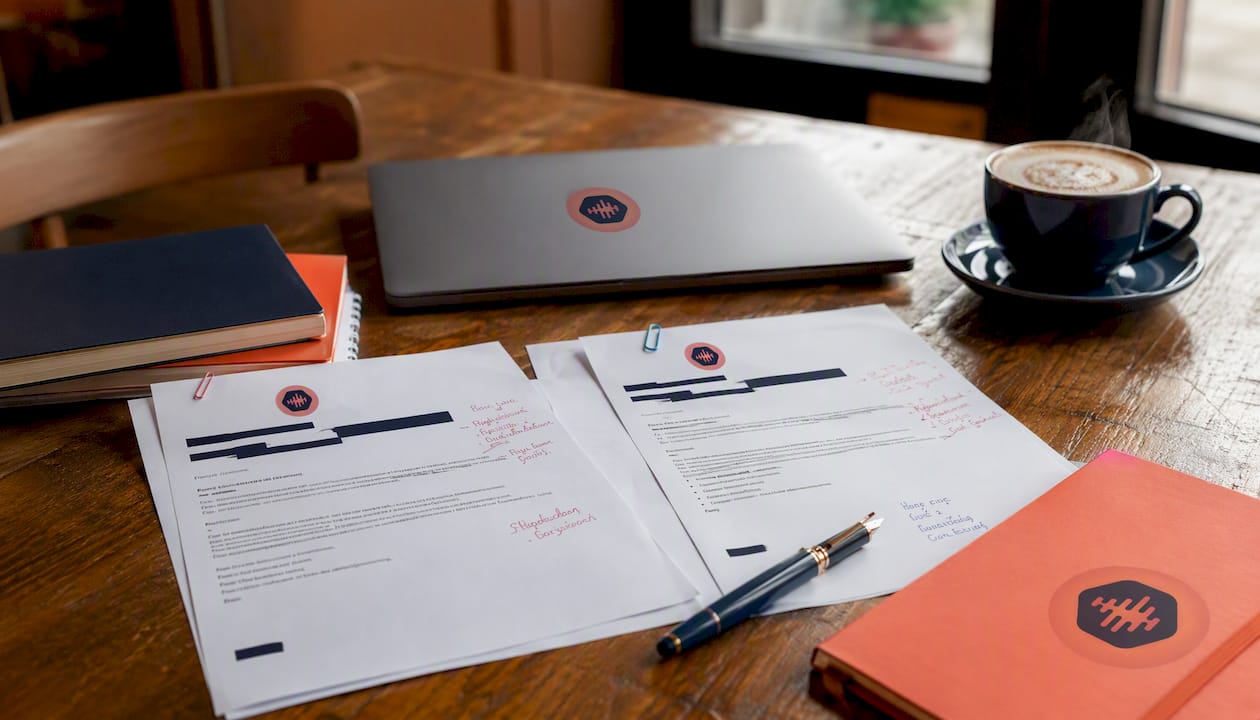 Meeting table with approval emails and notes