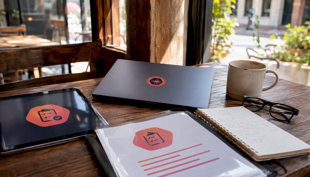 Home office desk with handoff templates and tools