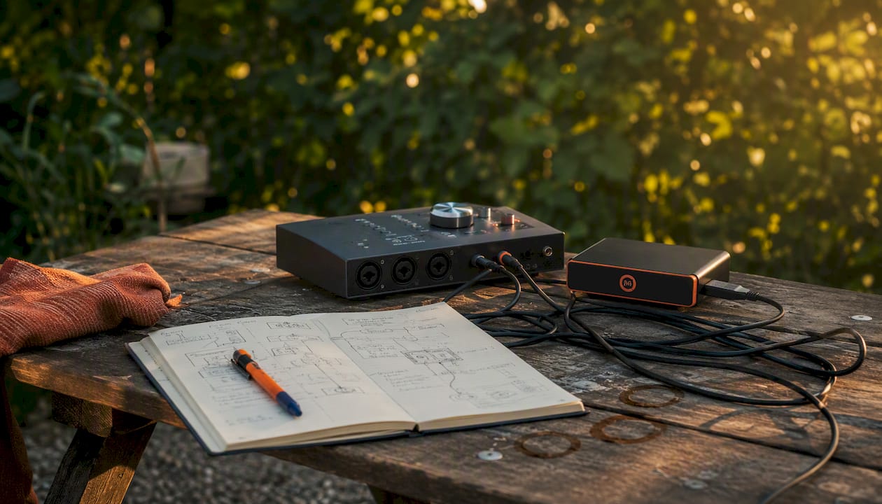Audio interface and external hard drive close-up