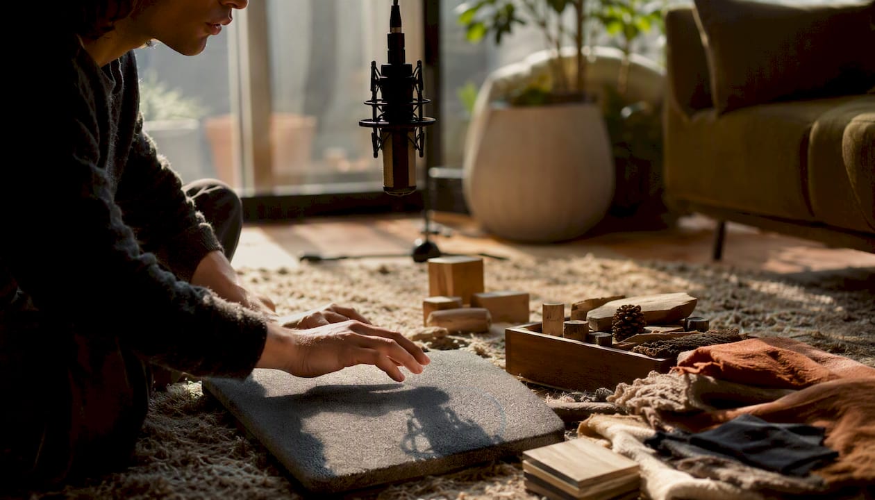 Hands creating Foley sounds on wooden surface