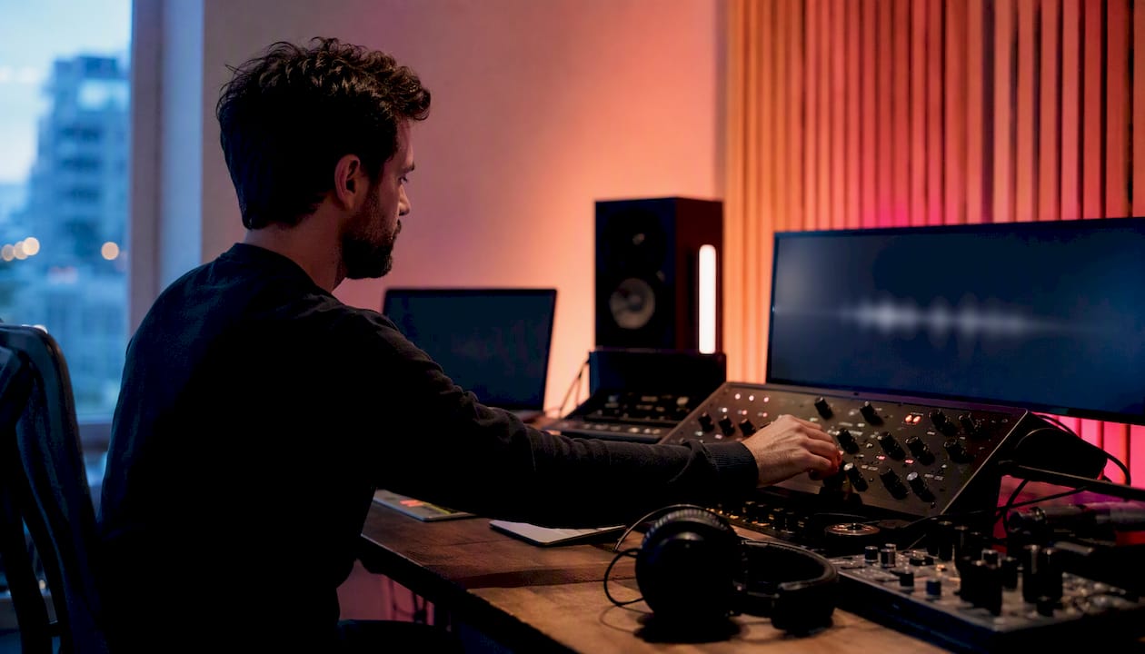 Hand adjusting audio interface in studio