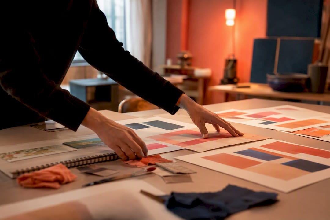 Hands rearranging graphic design sketches and swatches
