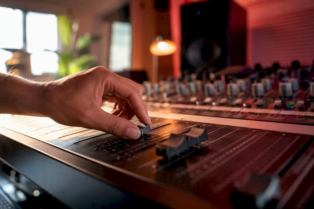 Hand adjusting audio mixing console fader