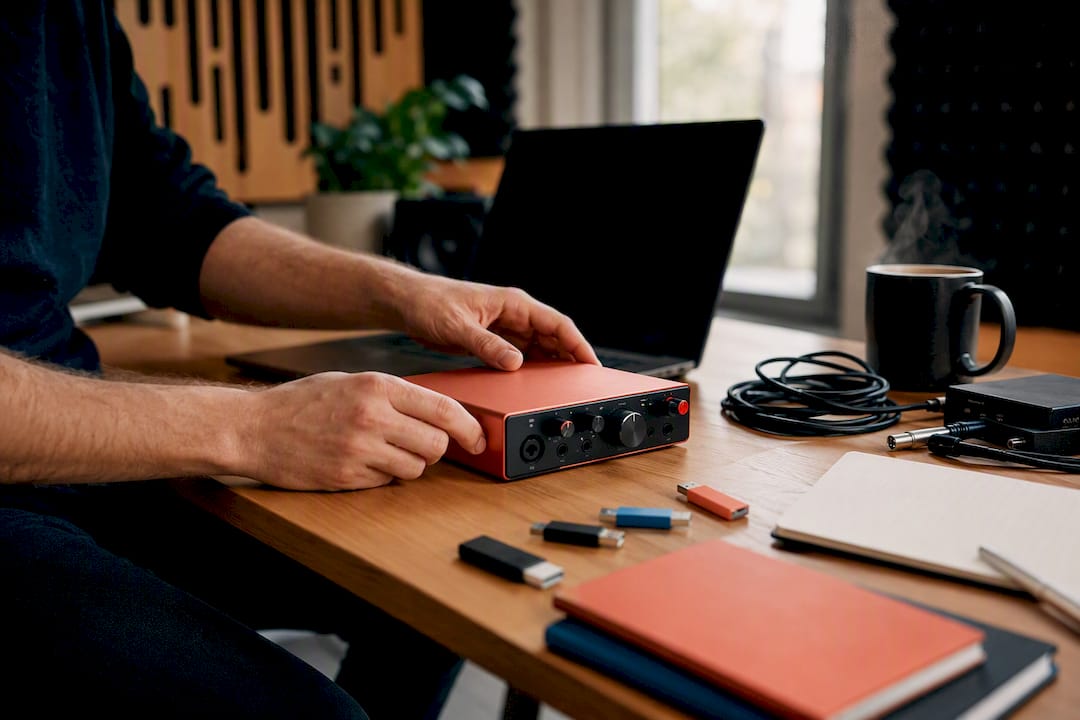 Hands placing delivery envelope beside headphones