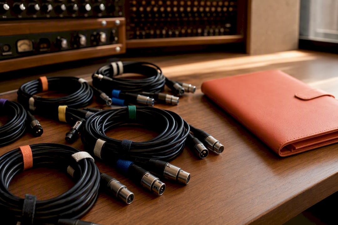 Organized cables and payment portfolio on studio desk