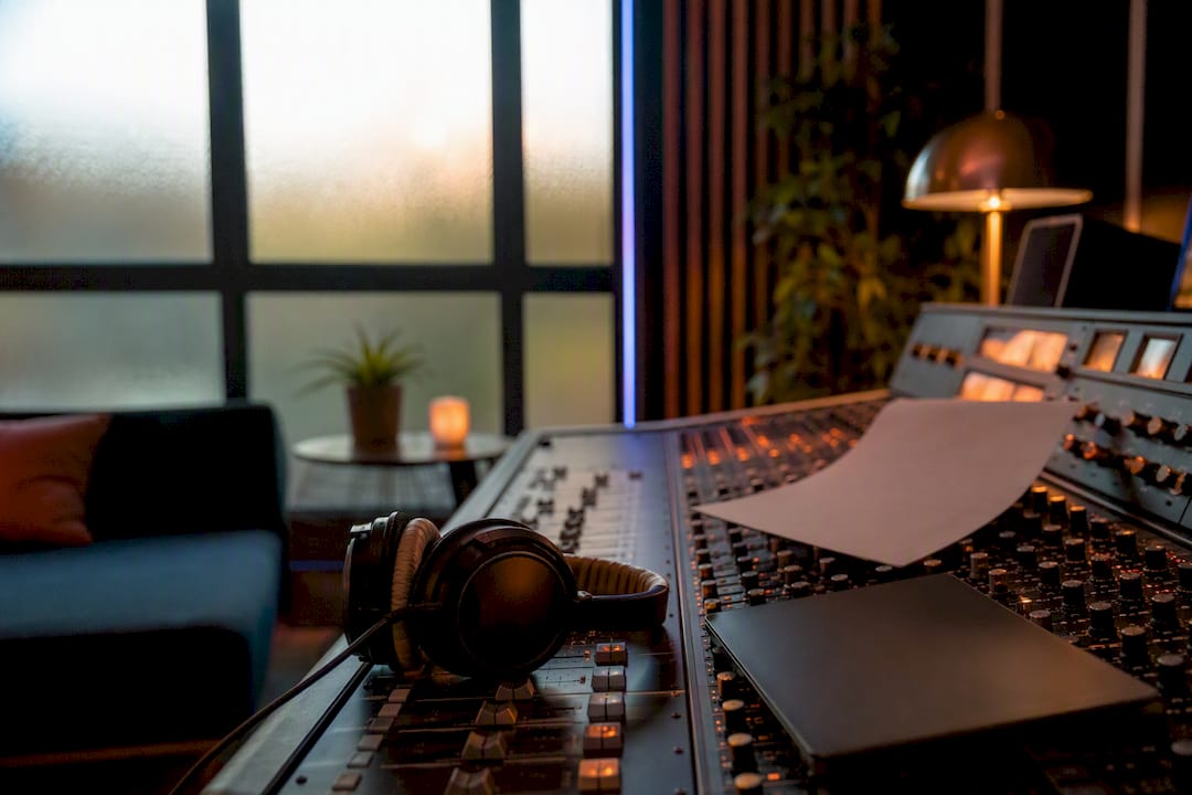 Empty audio studio desk with invoice on surface
