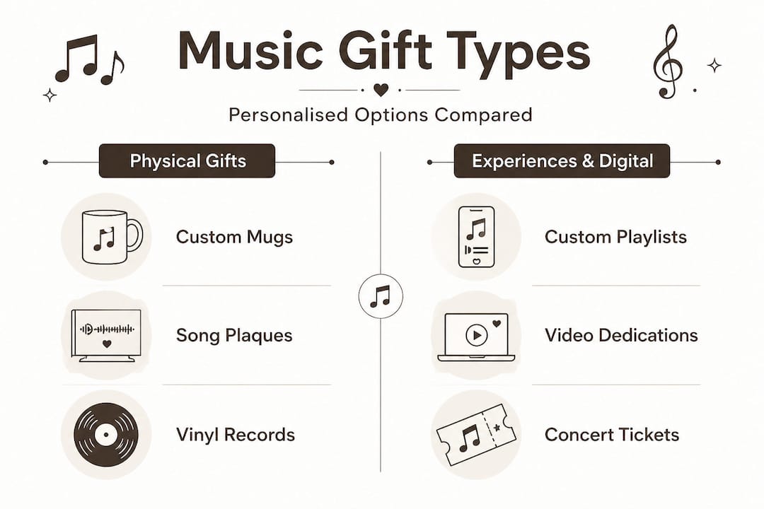 Split infographic comparing music gift categories