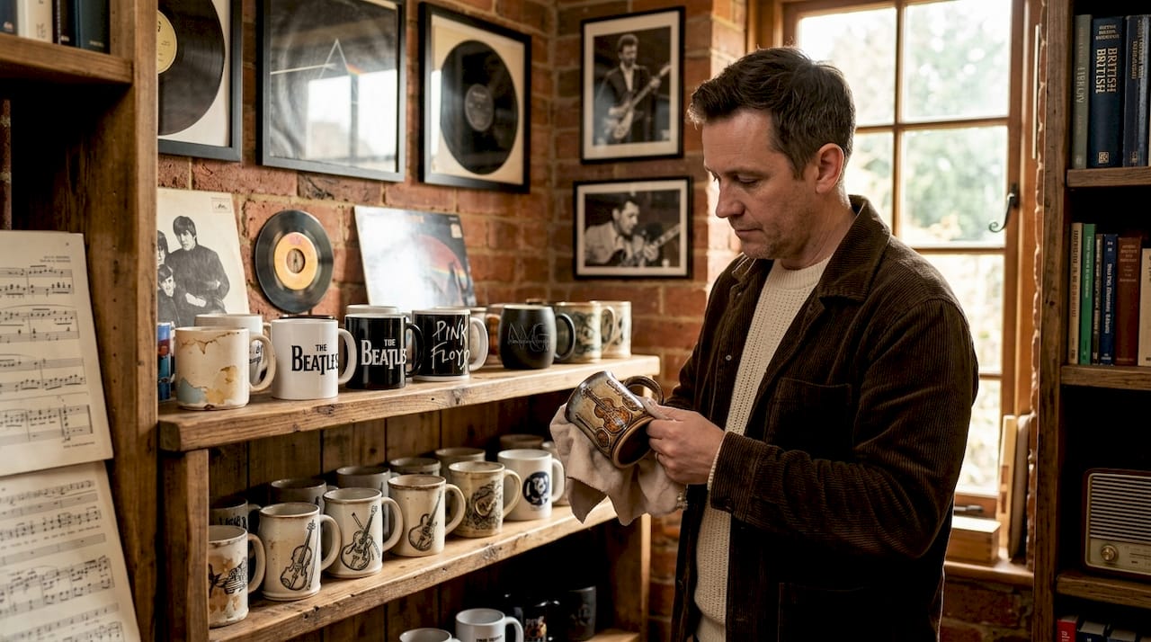 Collector arranging music mug display