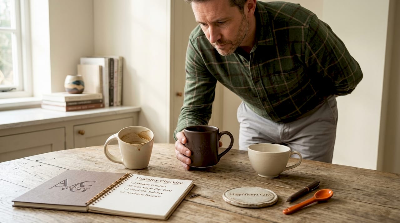 Tester comparing mug usability features