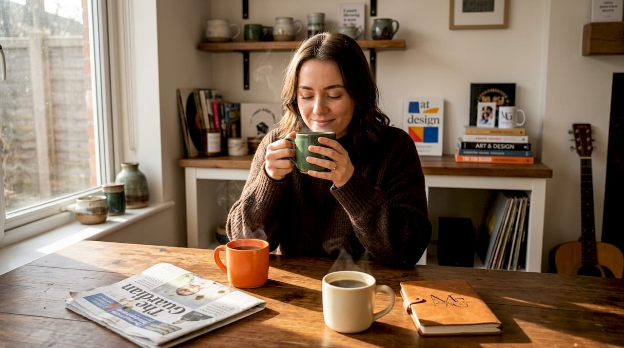 Person tasting coffee with colored mugs