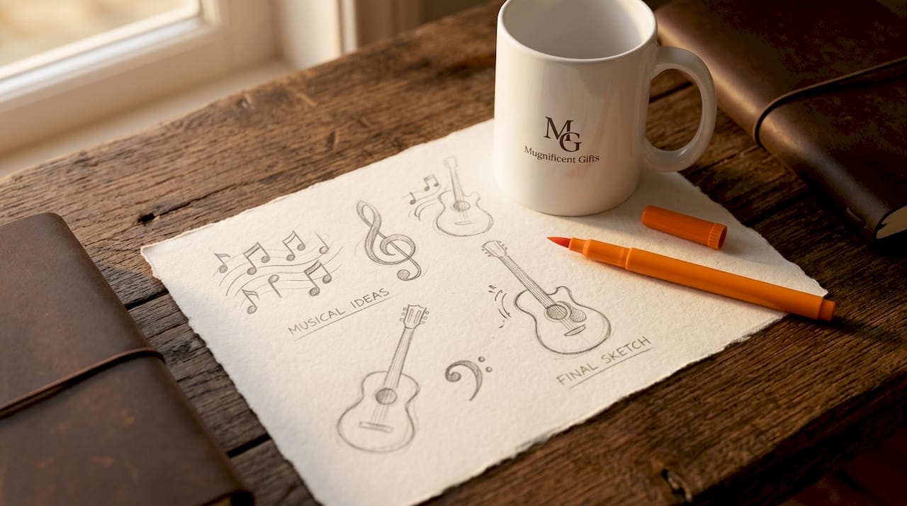 Music mug design sketches and ceramic mug on table
