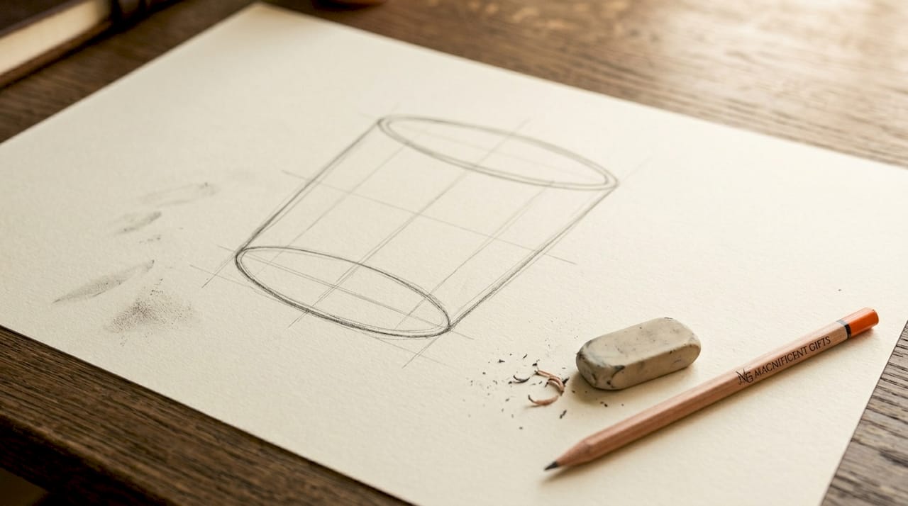 Close-up of pencil sketch showing mug structure