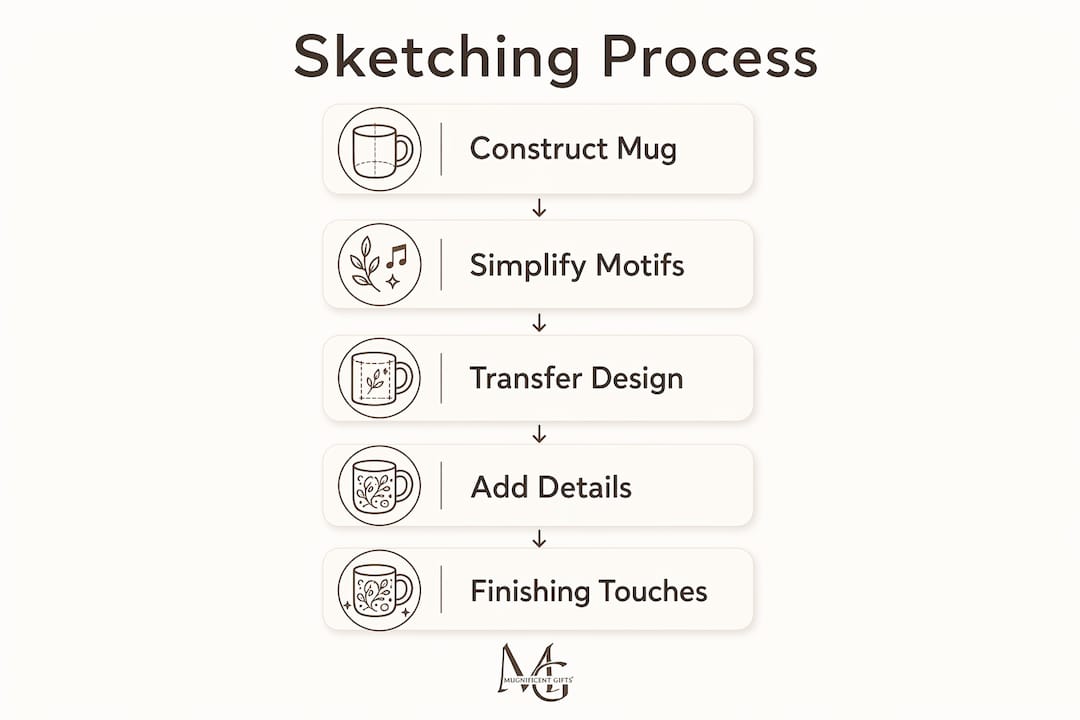 Infographic showing five-step sketching process for mugs