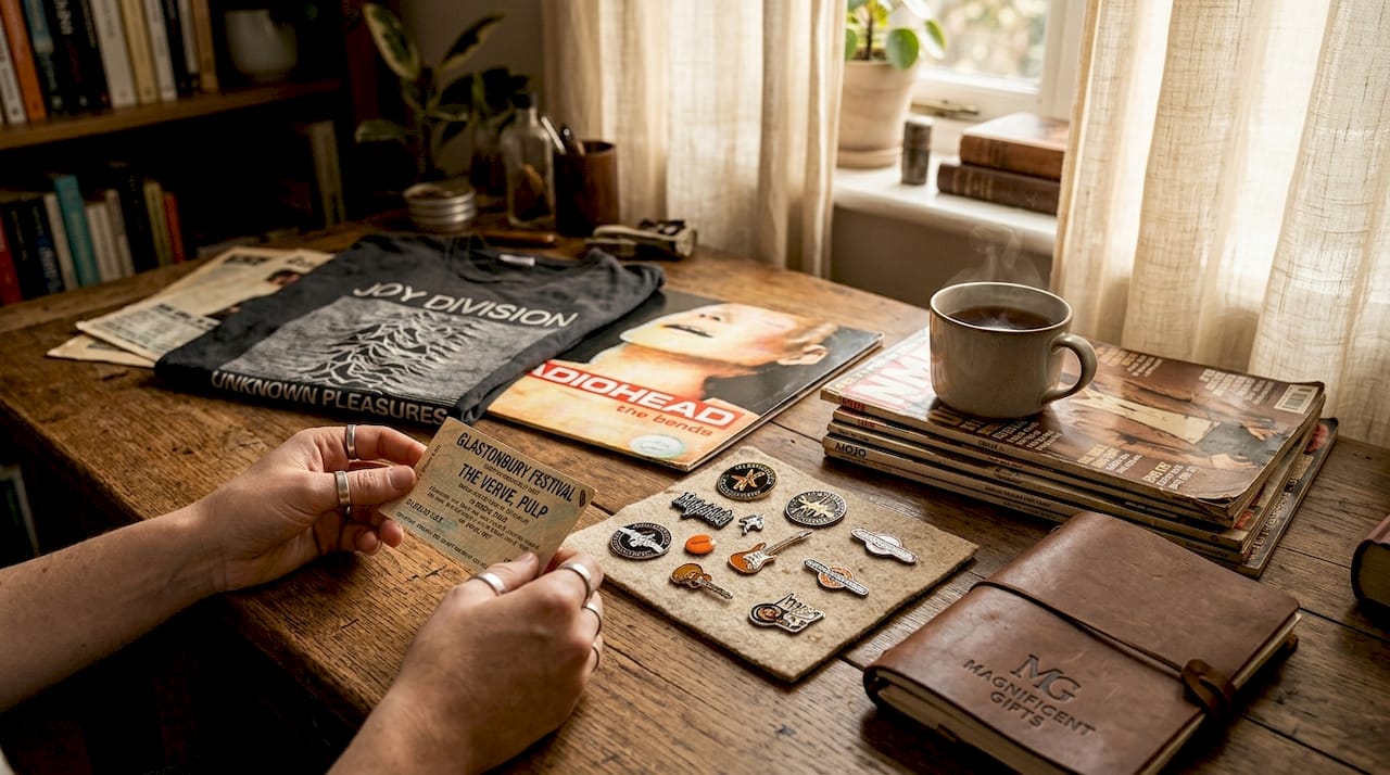 Hands sorting vintage music collectibles
