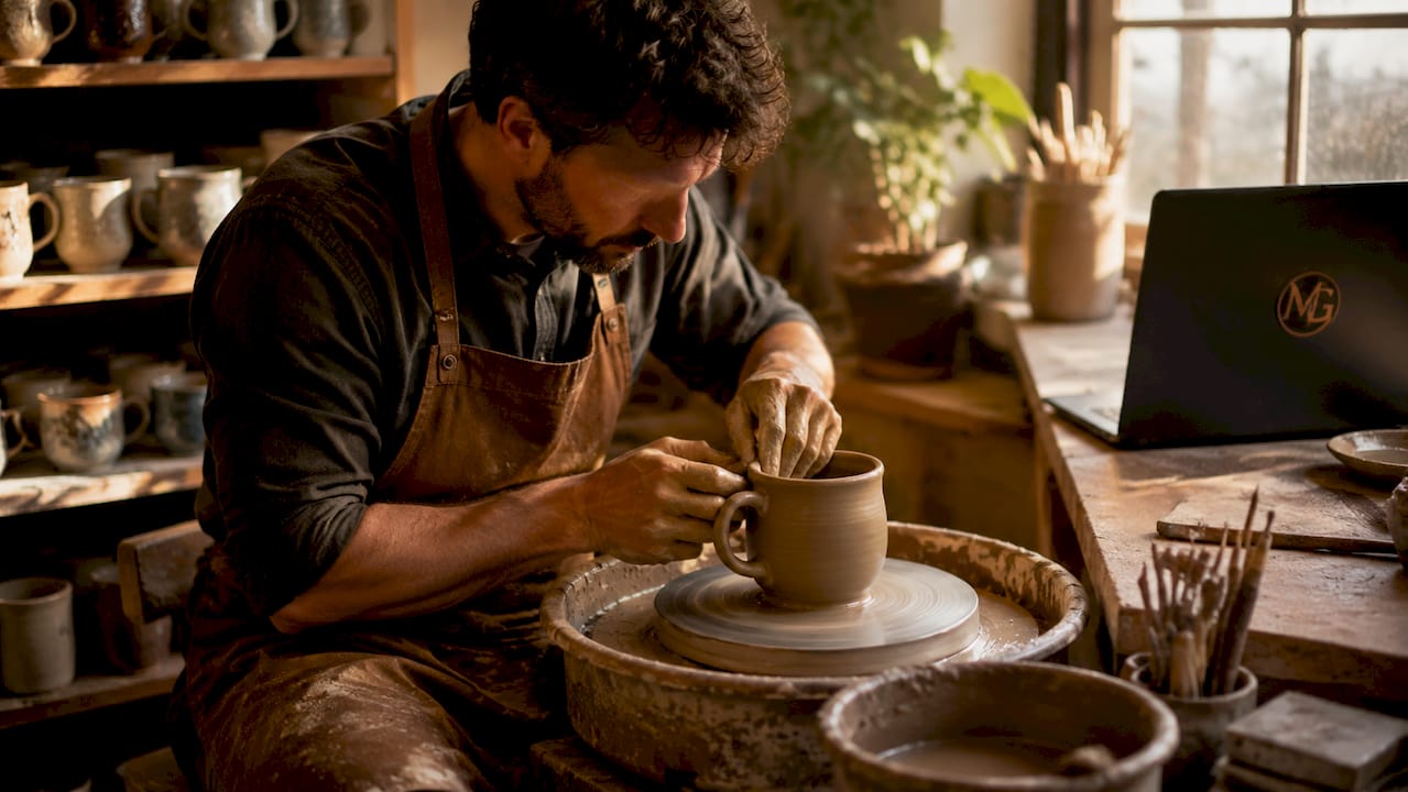 Hands shaping ceramic mug on potter's wheel