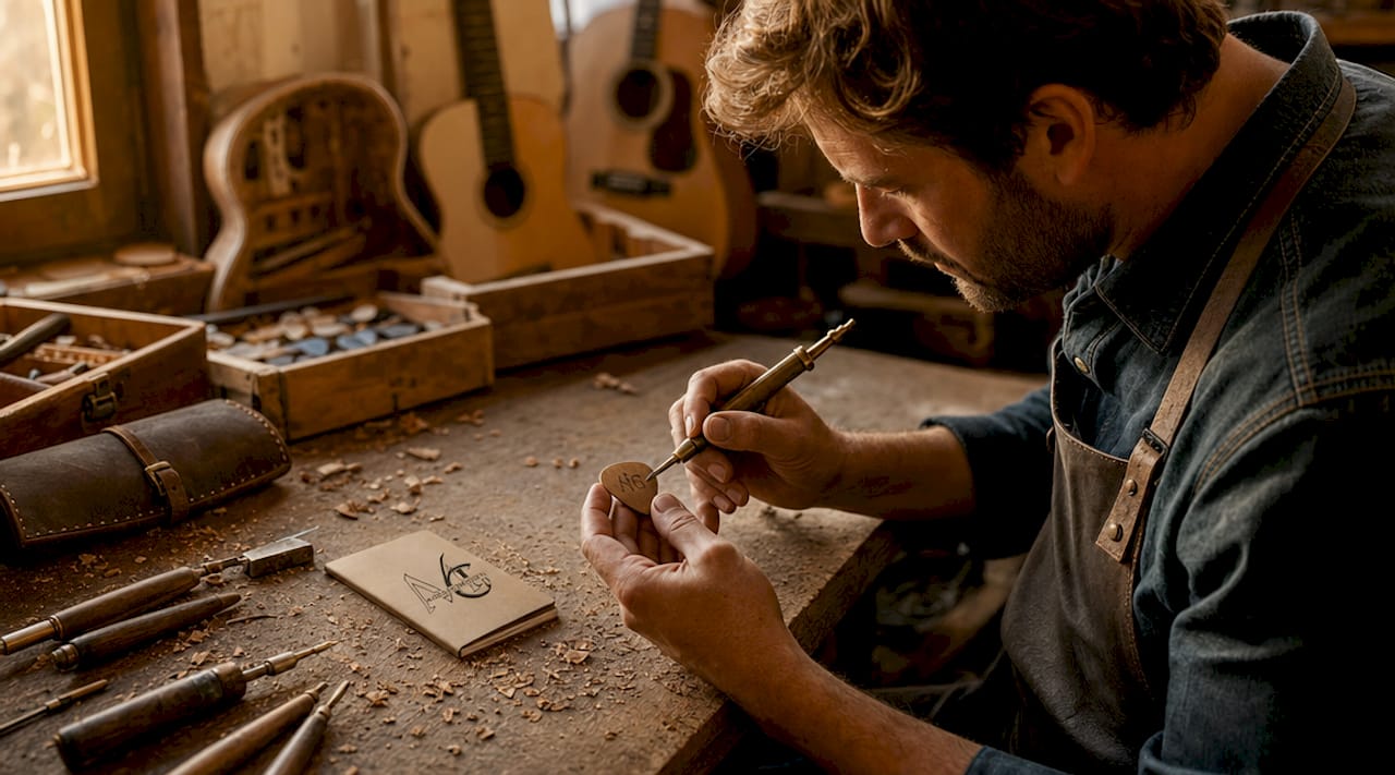 Artisan engraving wooden guitar pick