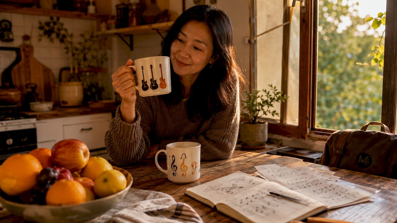 Overhead view of personalised music mugs on table
