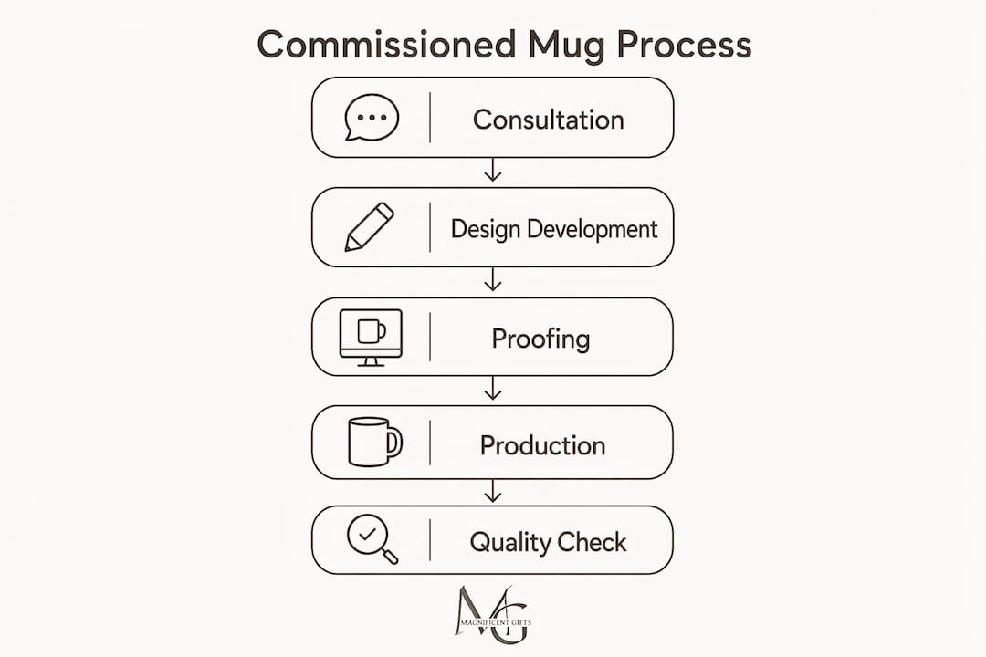 Infographic illustrating stages of commissioned mug creation process