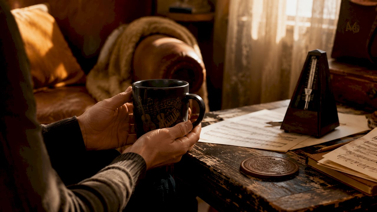 Hands holding personalized music mug at desk