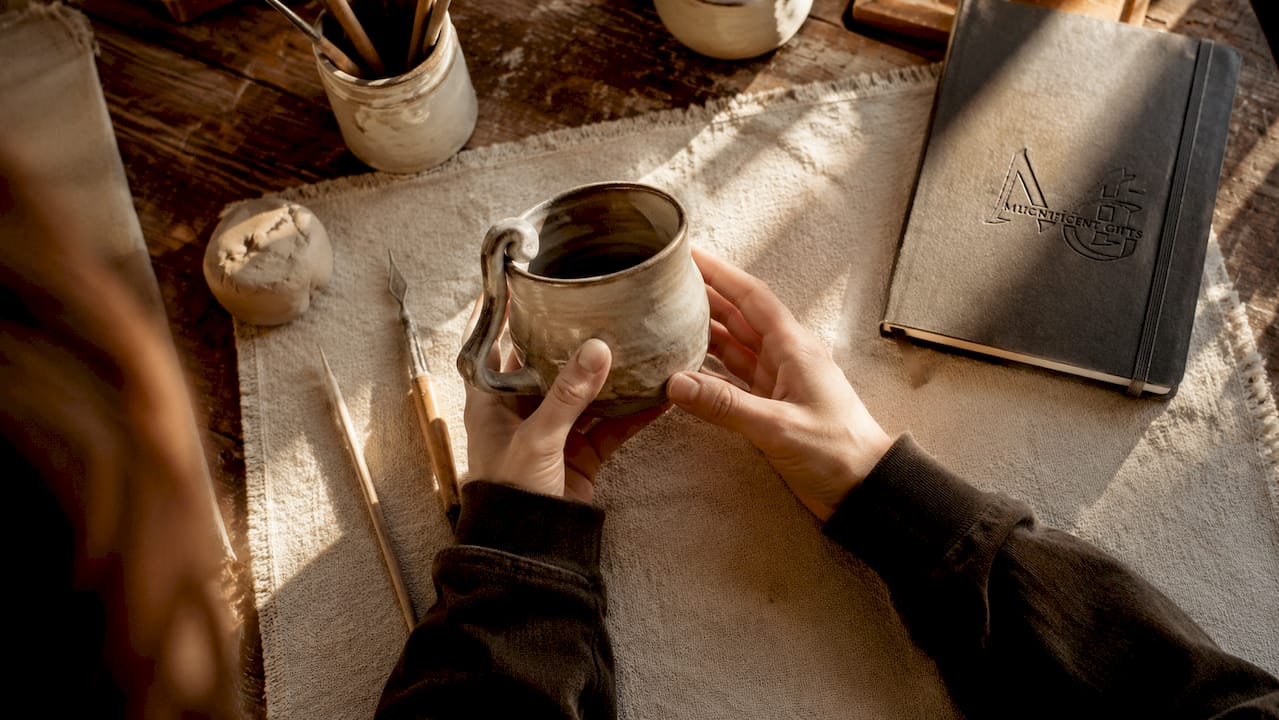 Close-up of handmade ergonomic ceramic mug held by hands