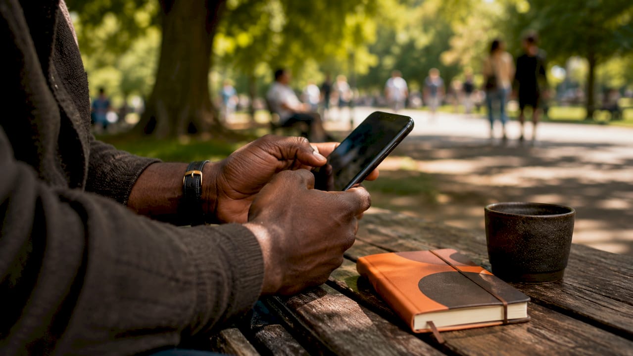 Hands scrolling personalized offers on smartphone at café
