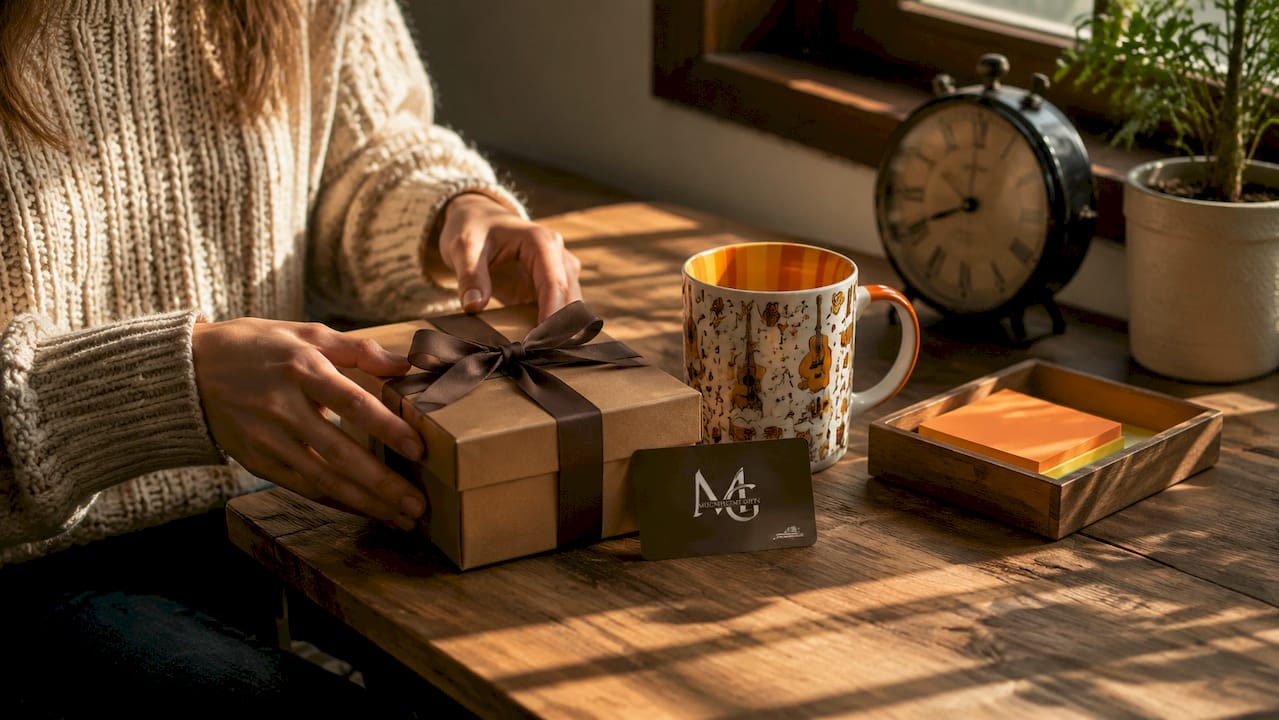 Hands arranging combined music-themed gifts on table