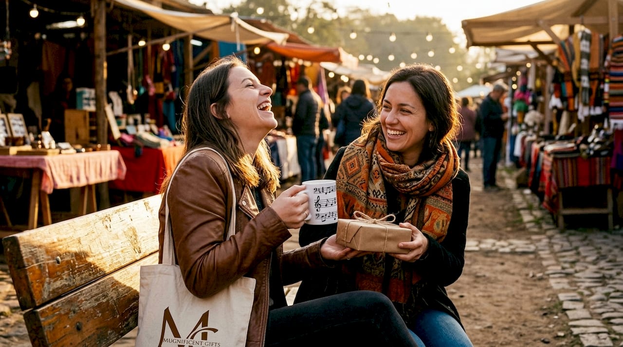 Friends sharing humorous music gifts with laughter
