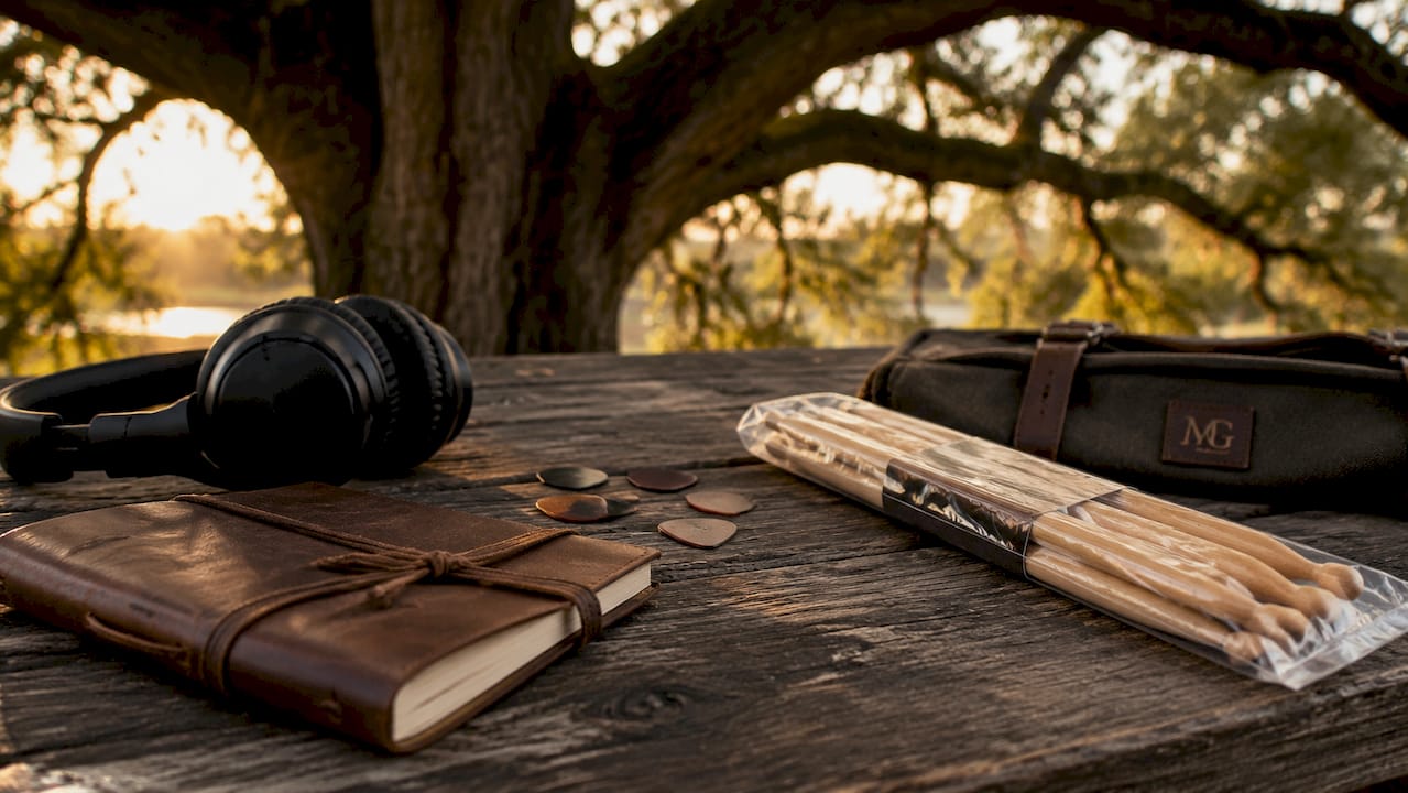 Assorted musical accessories on wooden table