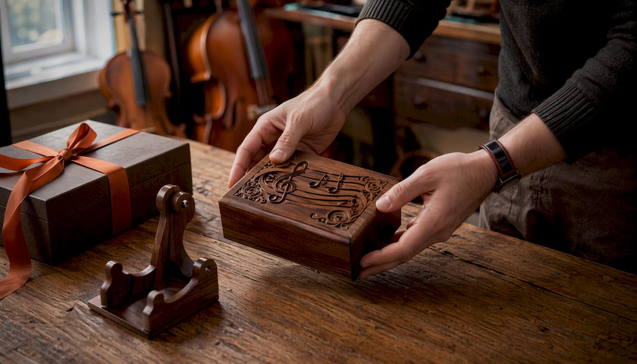 Hands placing personalised violin rosin on table