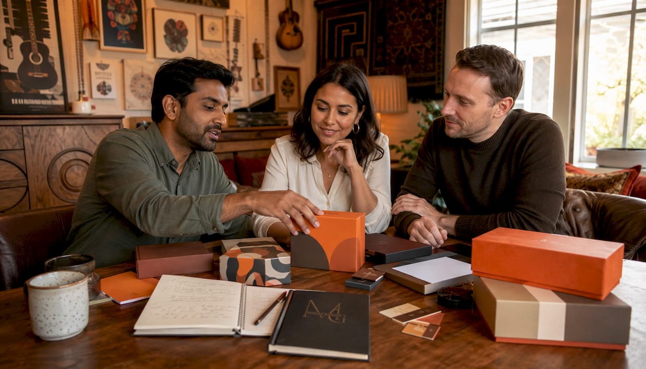 Diverse team discussing personal branding gifts