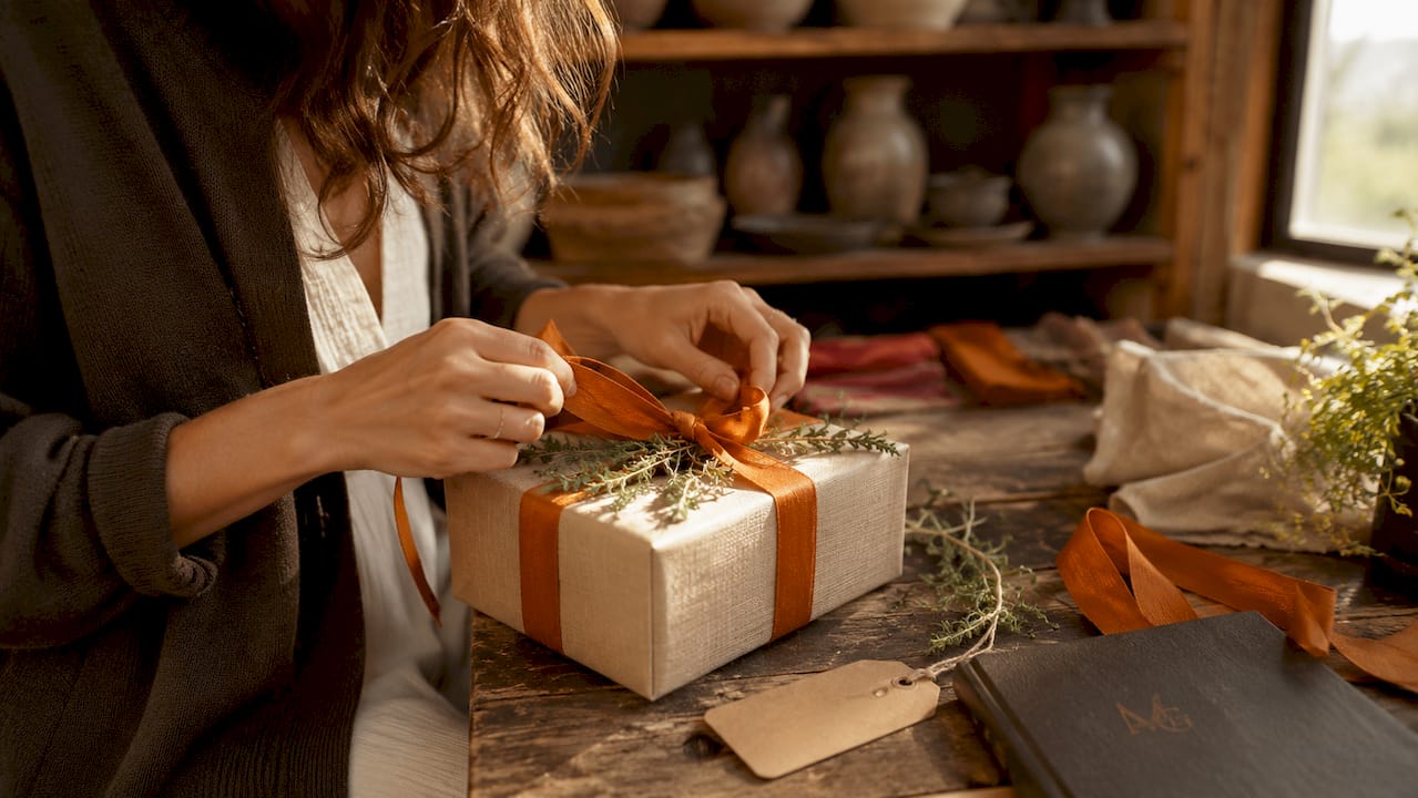 Hands tying twine on gift box