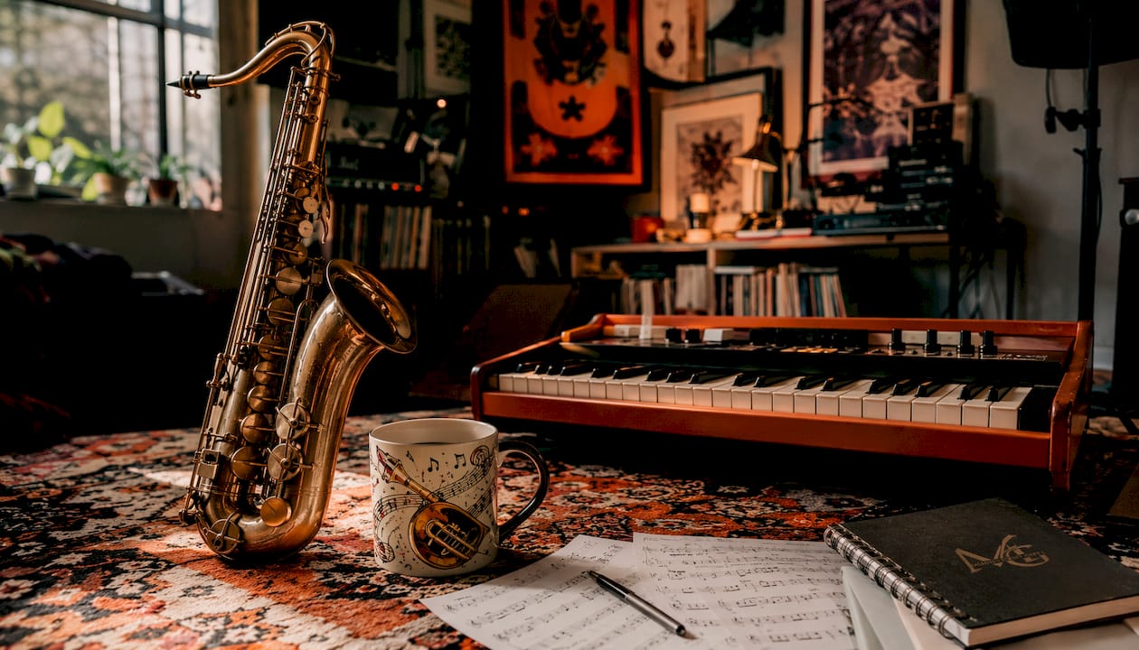 Musical instruments with personalised mug on floor