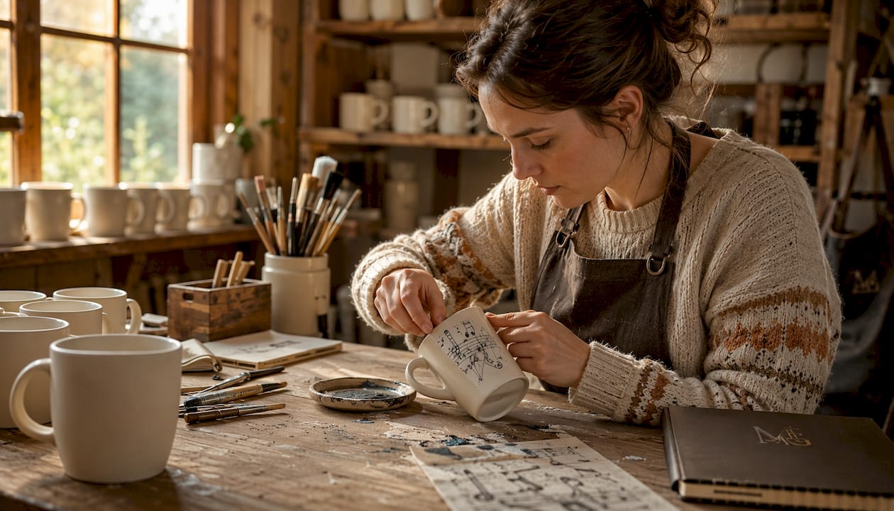 Hands applying music design to ceramic mug