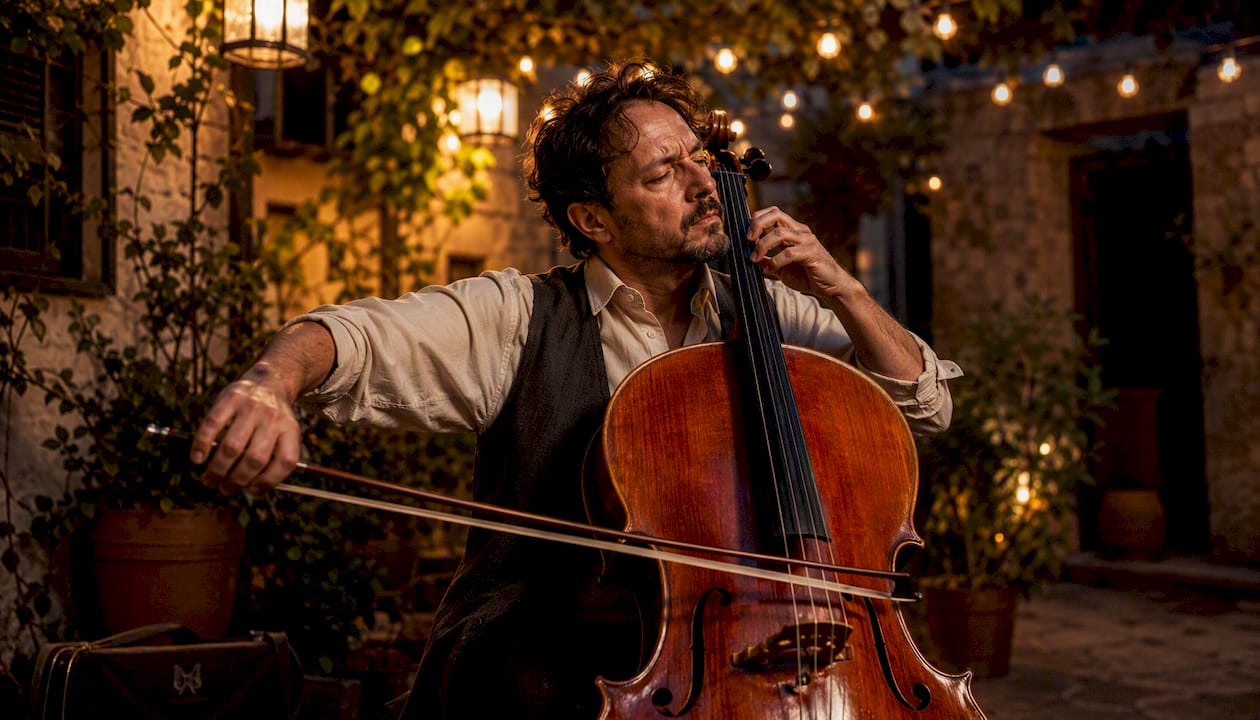 Cellist performing Squire's Tarantella on stage