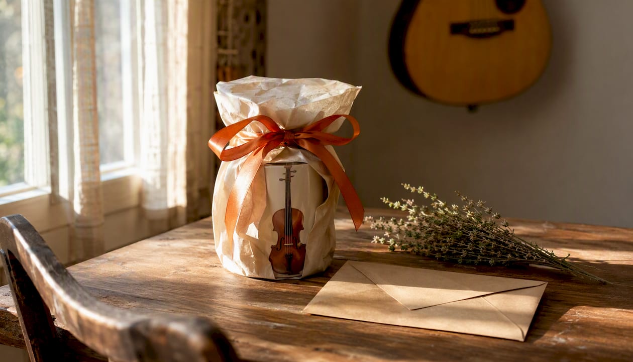 Wrapped violin mug with blank card and lavender