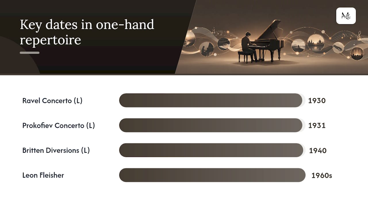 The performers and composers who built the one-hand repertoire — overview diagram