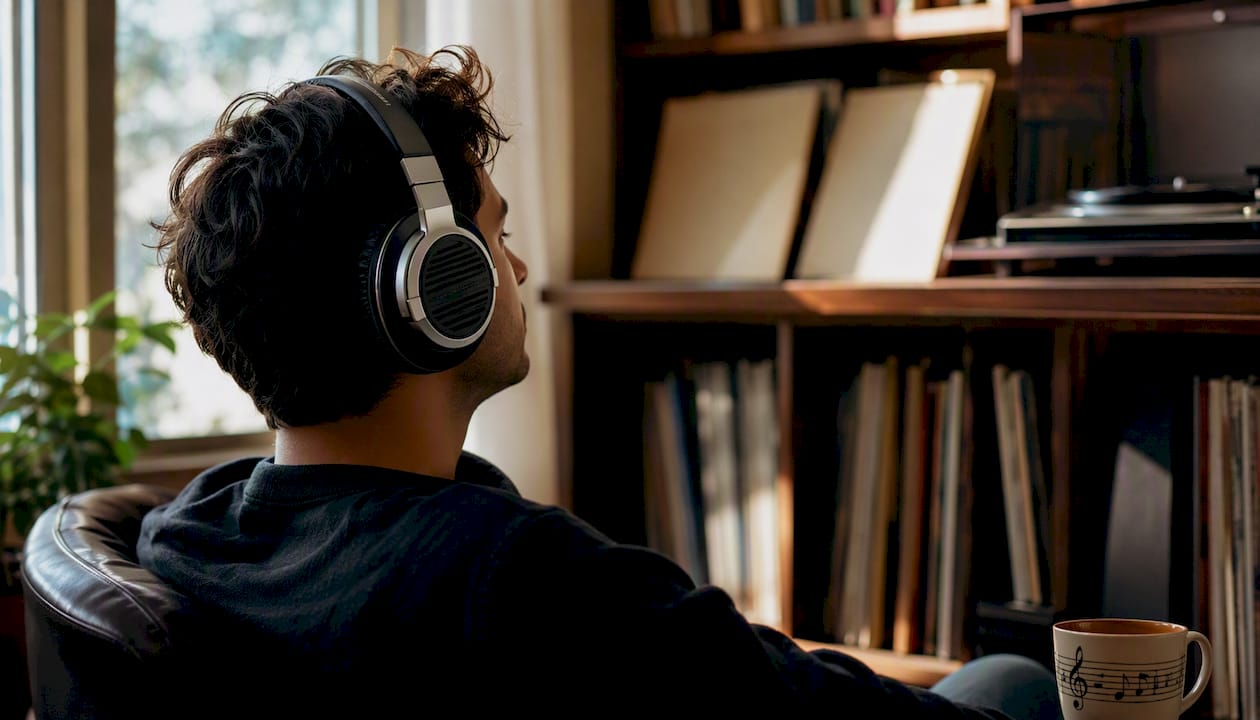Close-up of person listening to cello recordings
