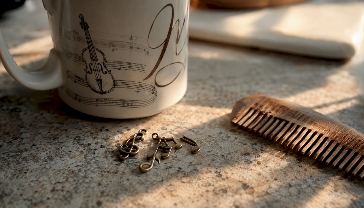 Close-up personalized musician mug with instrument detail