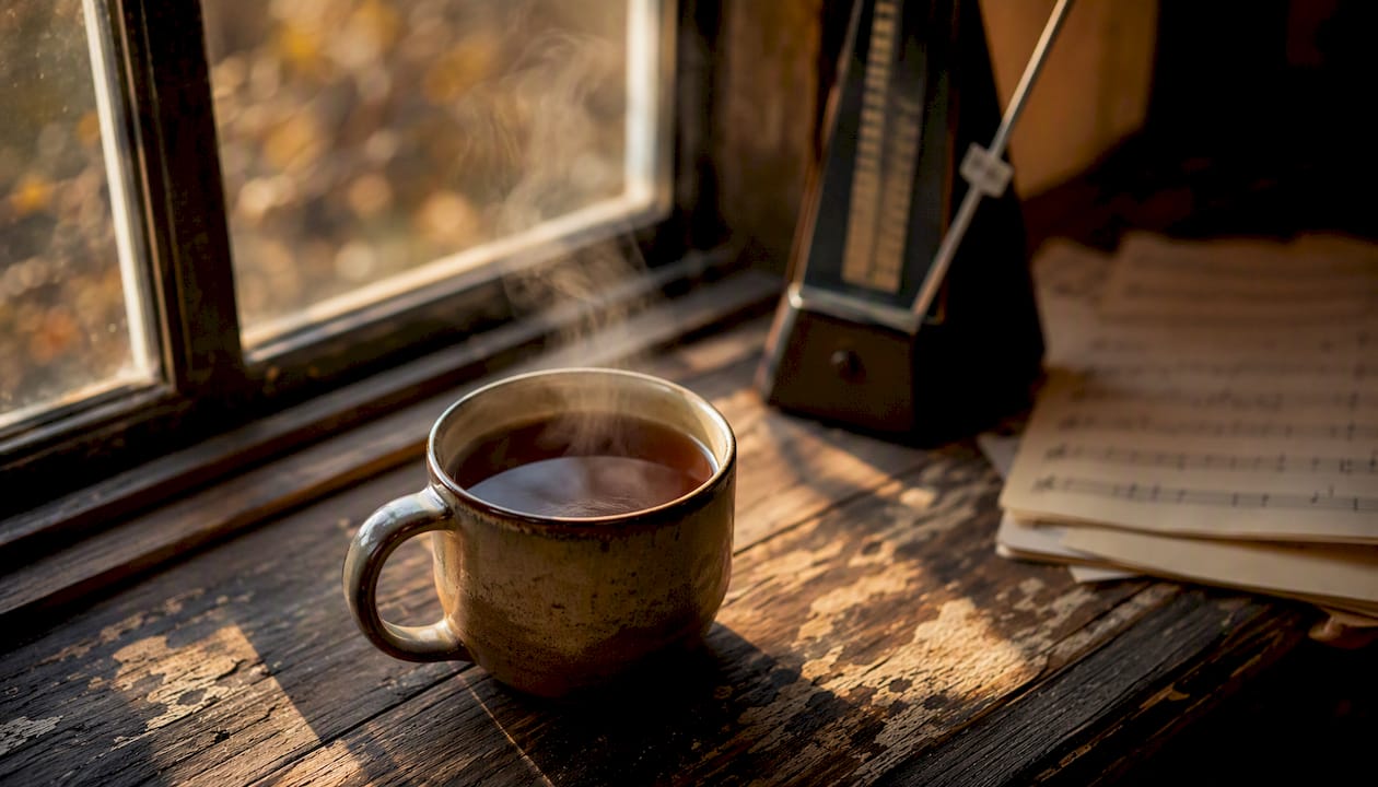 Thick ceramic mug steaming with tea on wooden desk