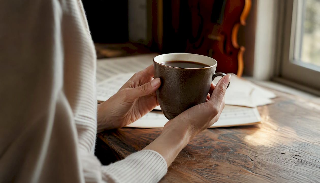 Delicate porcelain mug held gently over cream fabric