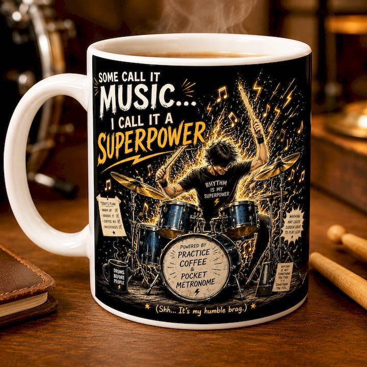 Drummer Mug: Music is My Superpower, Rock Band Coffee Cup for Musicians