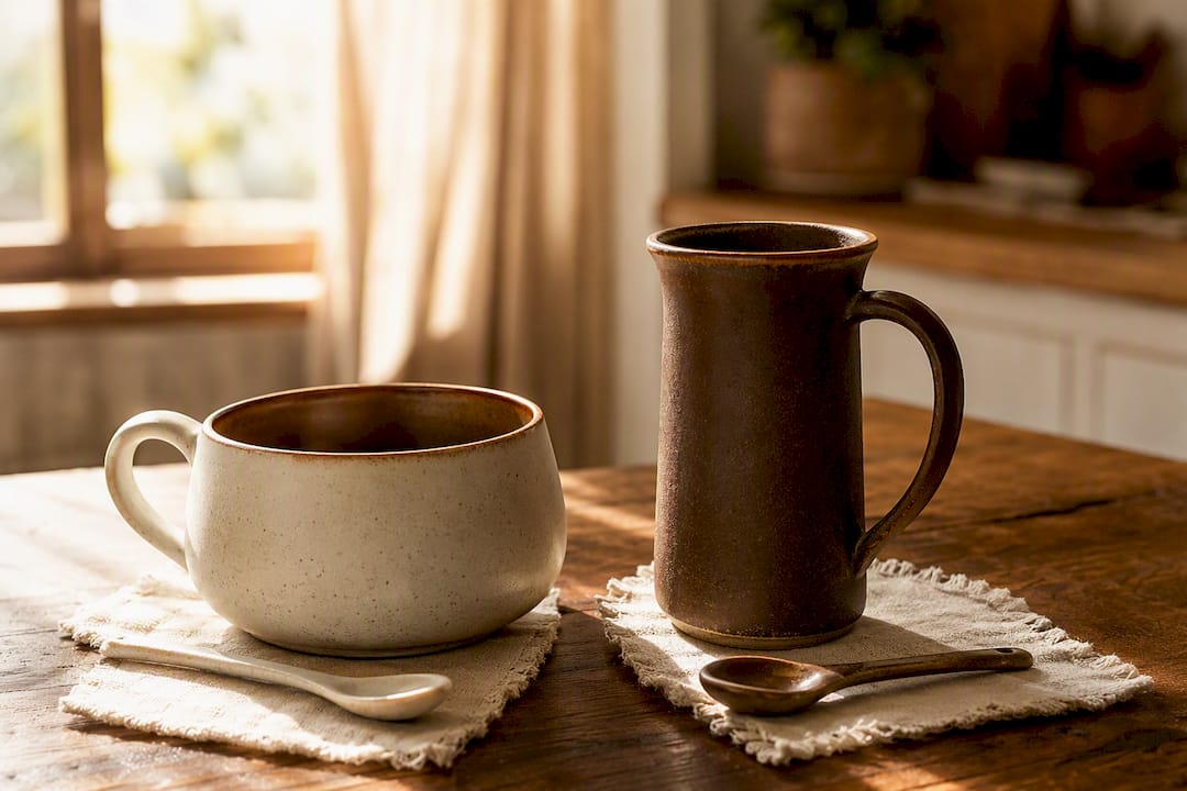 Tall narrow and short wide coffee mugs side view