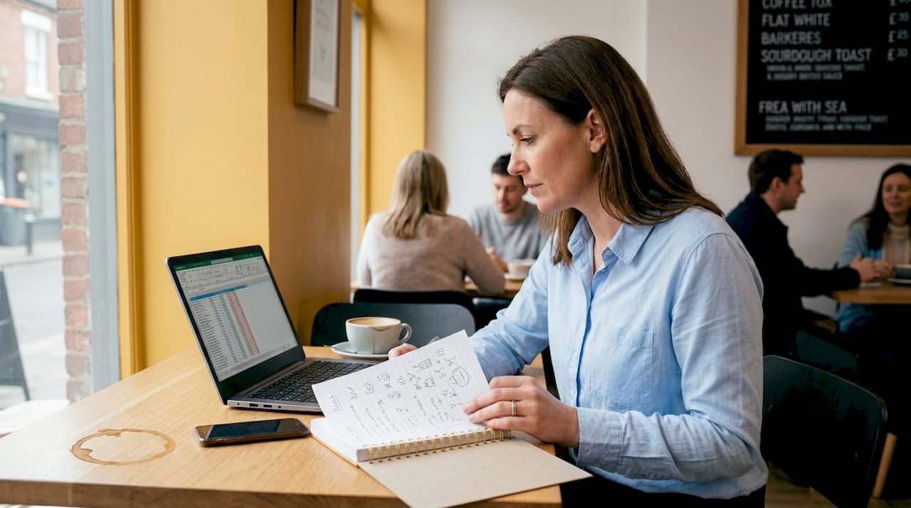 Entrepreneur analyzing social media results in café