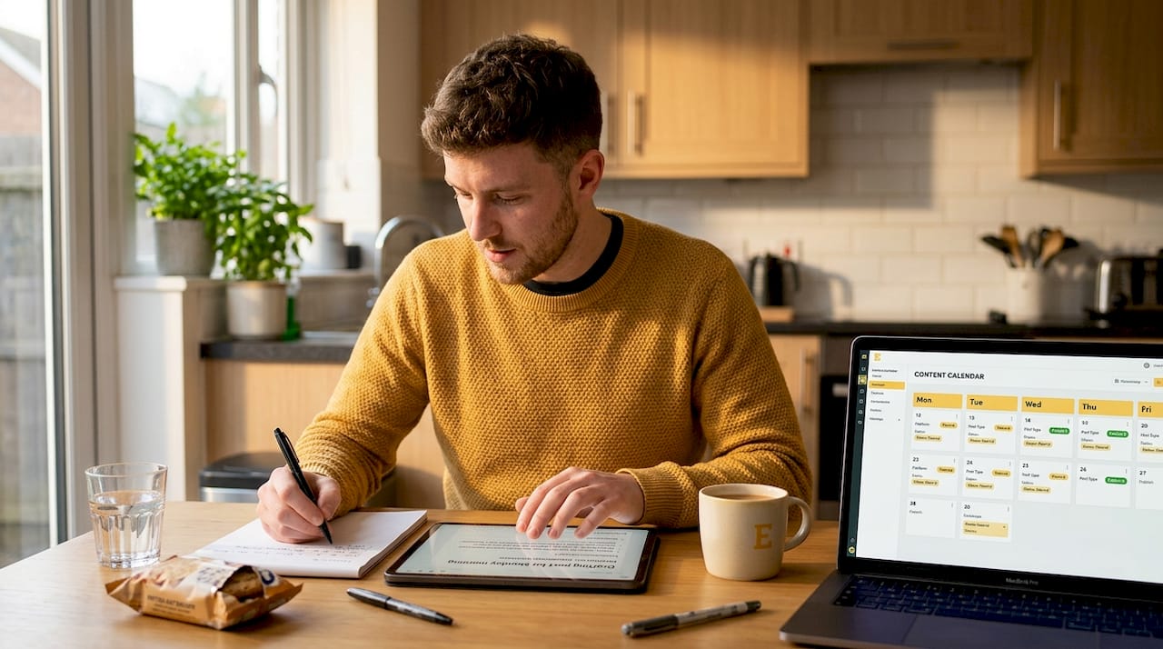 Man scheduling posts in casual kitchen setting