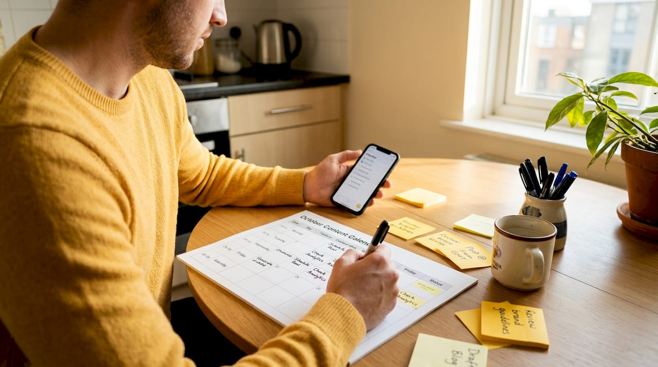 Man drafts content calendar at kitchen table