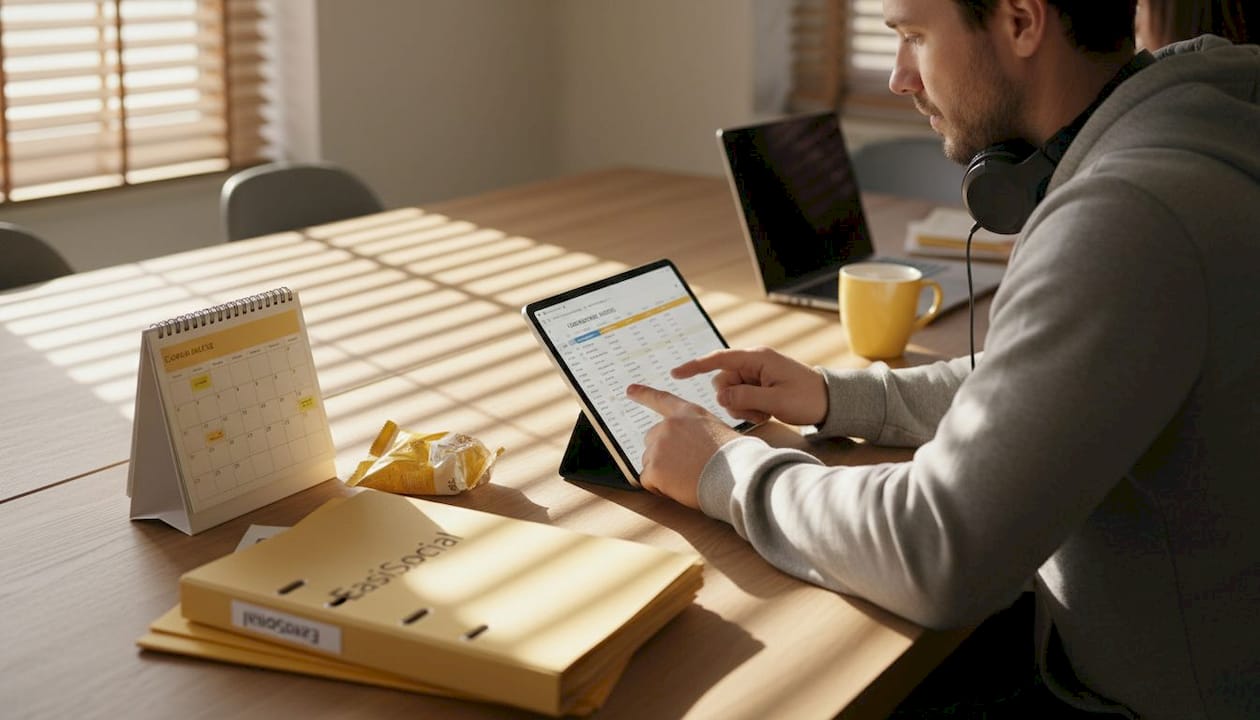 Man reviewing content calendar in workspace